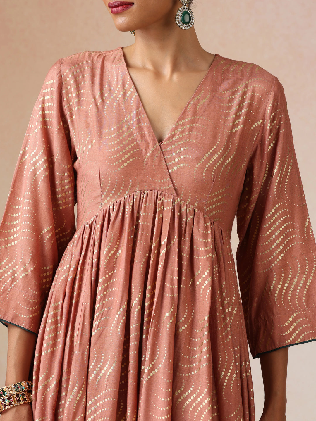 Peach Gold Foil Print Muslin Silk Anarkali High-Slit Kurta Set | SHOBITAM