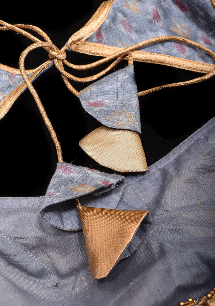 Gray Pure Ikkat Raw Silk Blouse with scoop neck and Gold Puff Sleeves