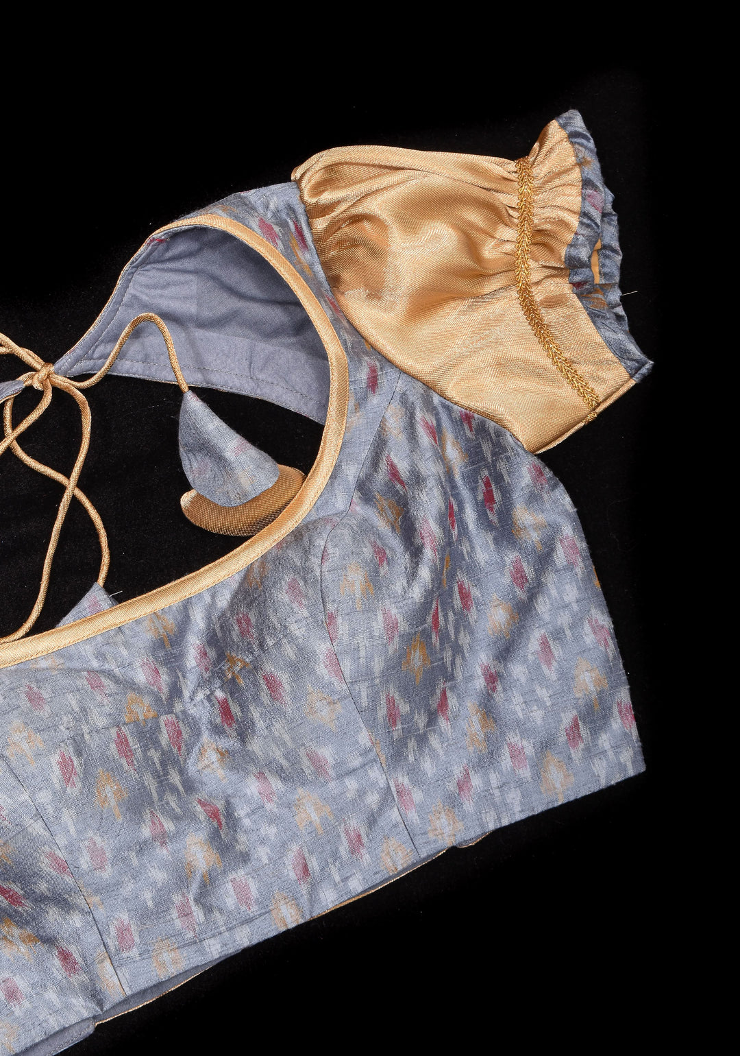 Gray Pure Ikkat Raw Silk Blouse with scoop neck and Gold Puff Sleeves