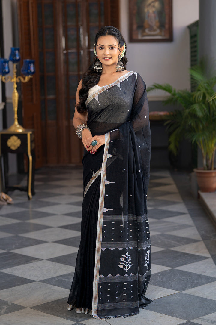 Handloom Black Soft Cotton Jamdani Saree | SHOBITAM