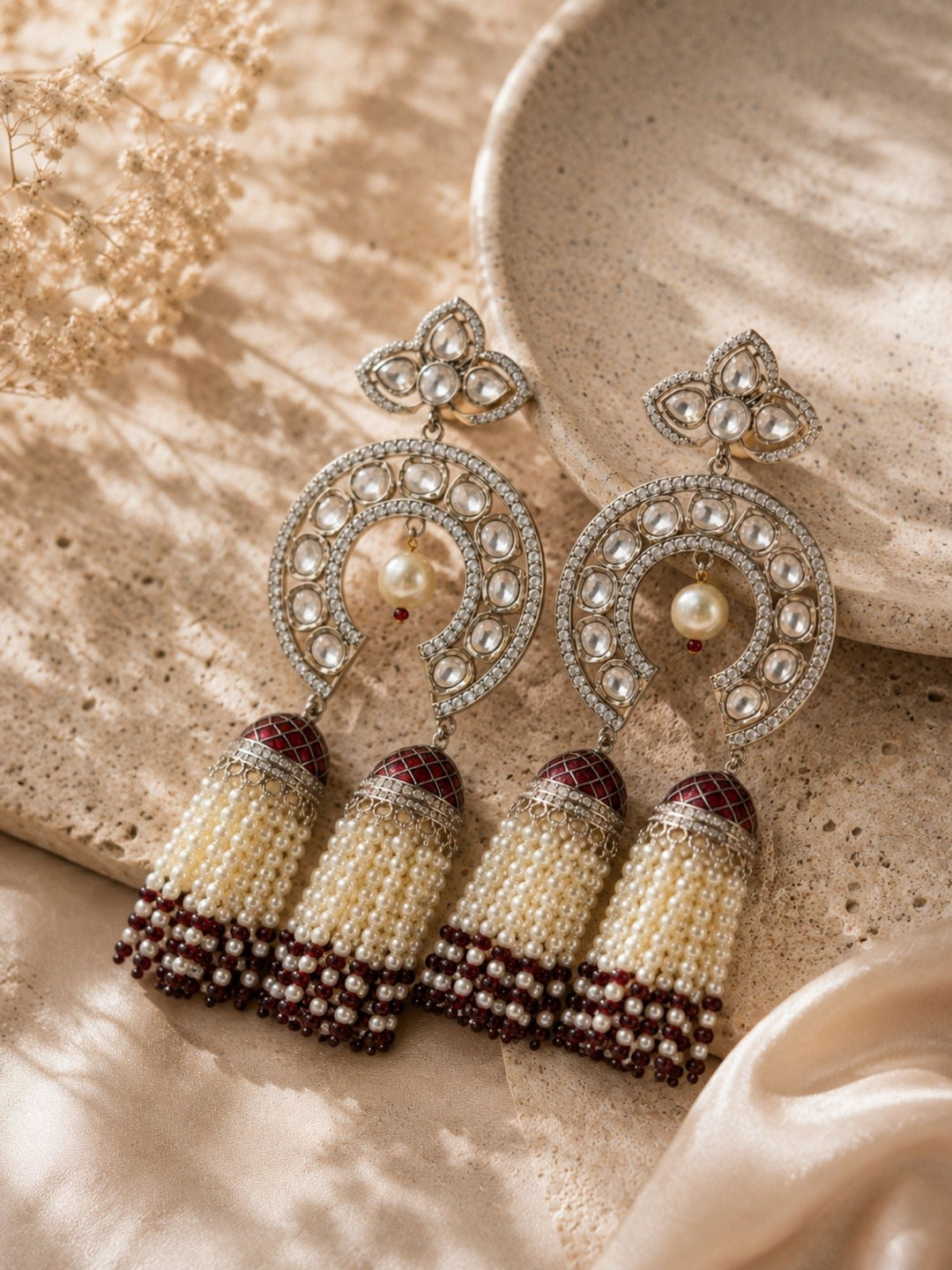 Mint Green Kundan Triple Jhumka Earrings | SHOBITAM