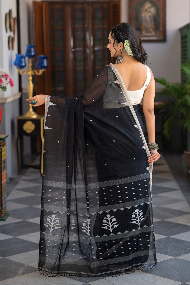 Handloom Black Soft Cotton Jamdani Saree | SHOBITAM