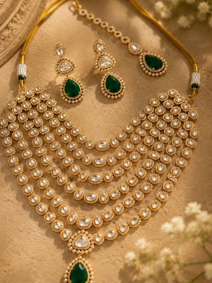 Emerald Green Kundan Layered Necklace Set | SHOBITAM