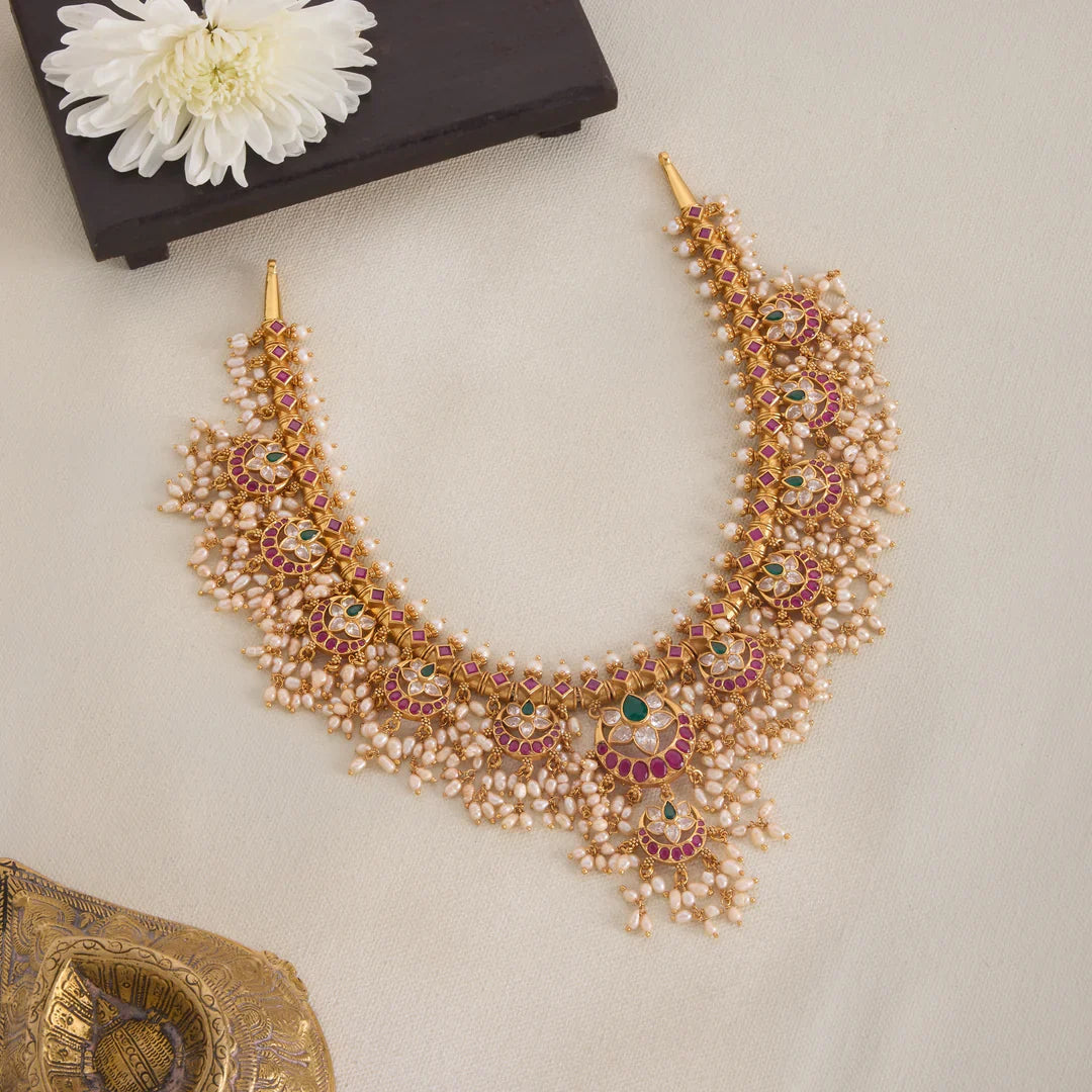 Pure 92.5 Silver, Gold Plated Mahira GuttaPusalu Necklace Set