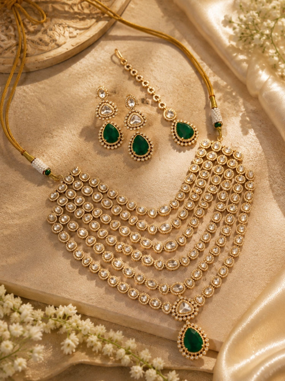 Emerald Green Kundan Layered Necklace Set | SHOBITAM