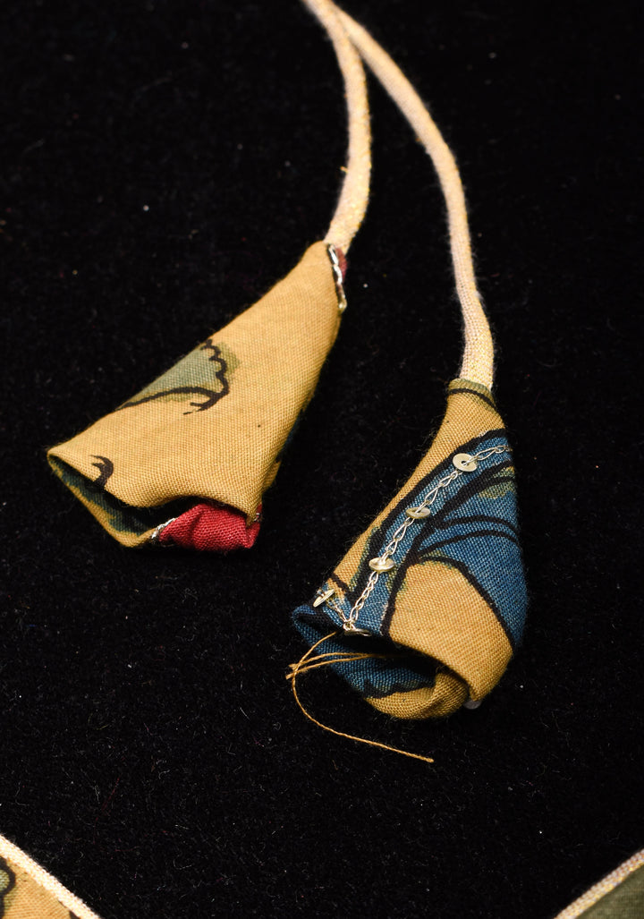 Pen Kalamkari Plunge Neck Blouse in Yellow with light sequin work and blue raw silk contrast, Made to Order