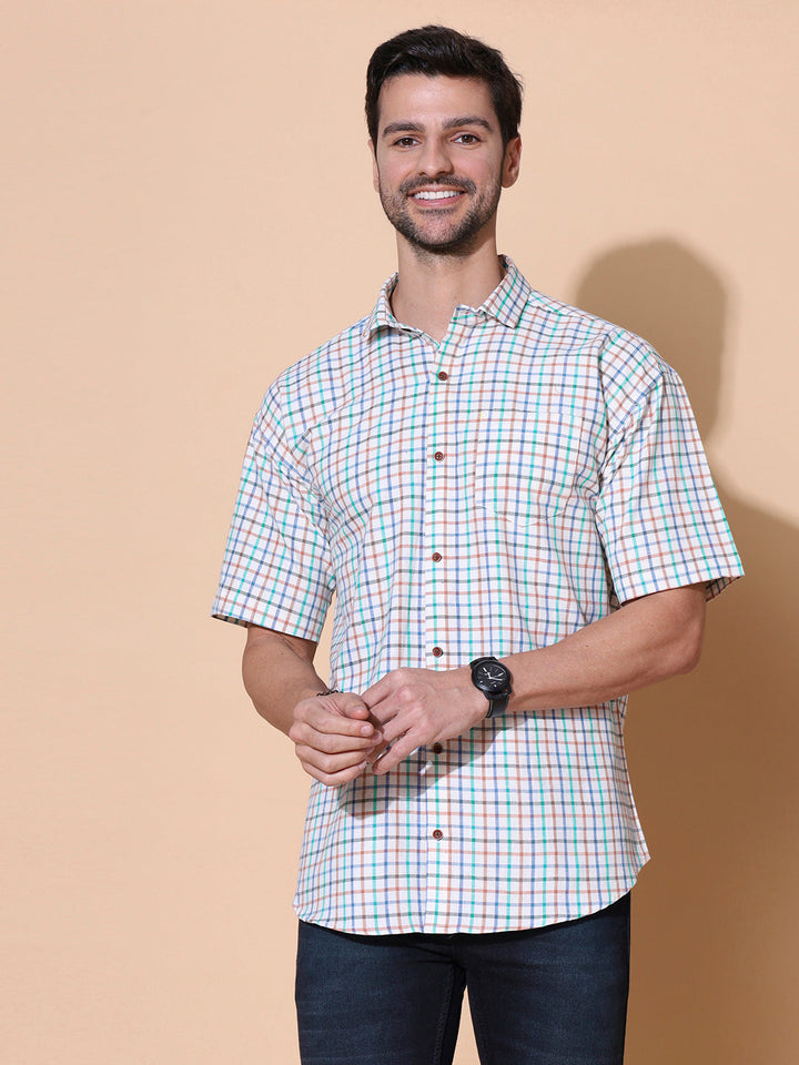 Dew Drops Checkered Pure Khadi Half Sleeve Cotton Shirt