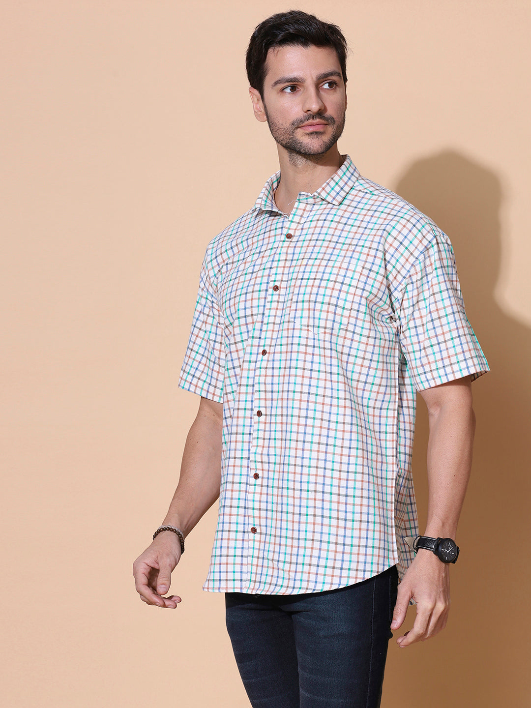 Dew Drops Checkered Pure Khadi Half Sleeve Cotton Shirt