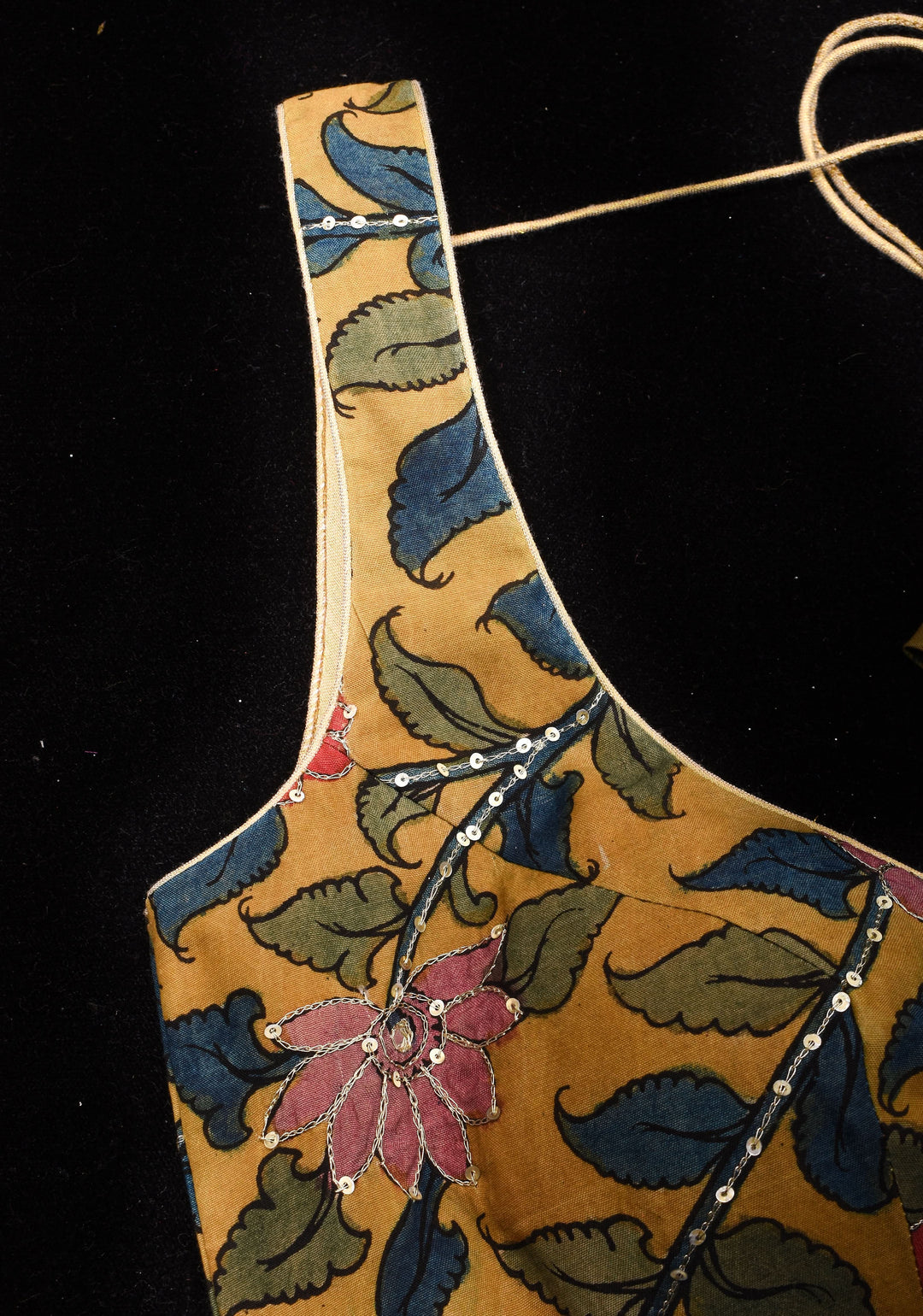 Pen Kalamkari Plunge Neck Blouse in Yellow with light sequin work and blue raw silk contrast, Made to Order