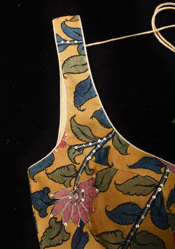 Pen Kalamkari Plunge Neck Blouse in Yellow with light sequin work and blue raw silk contrast, Made to Order