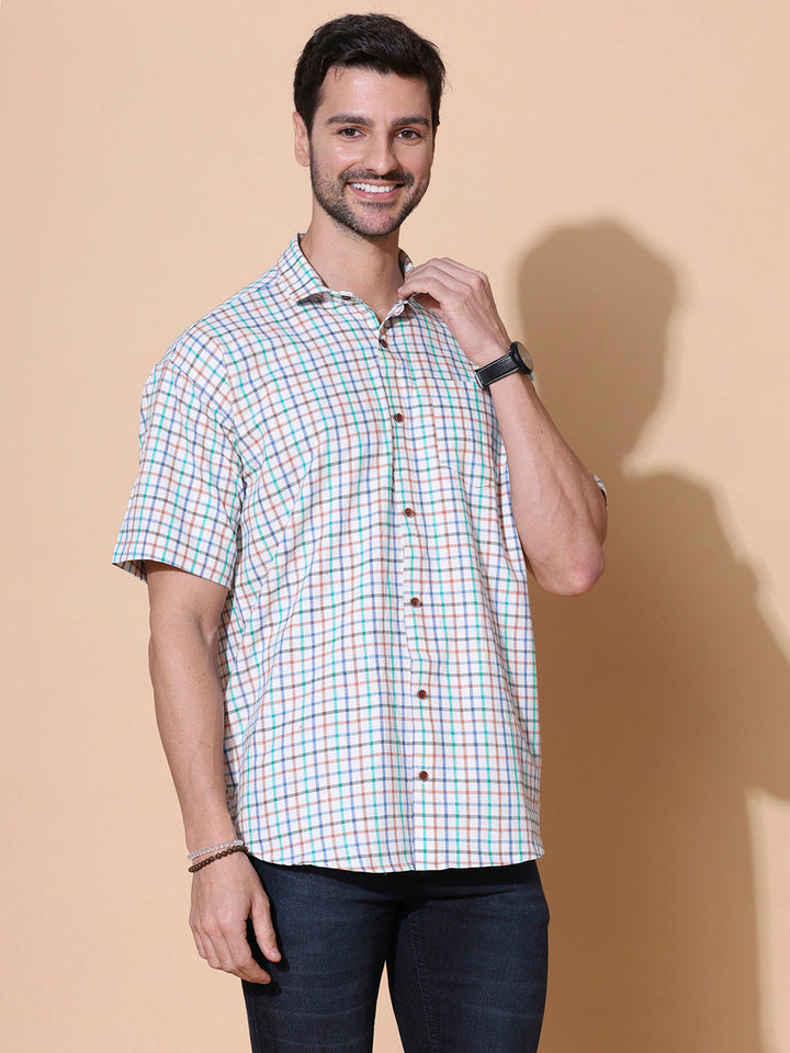 Dew Drops Checkered Pure Khadi Half Sleeve Cotton Shirt