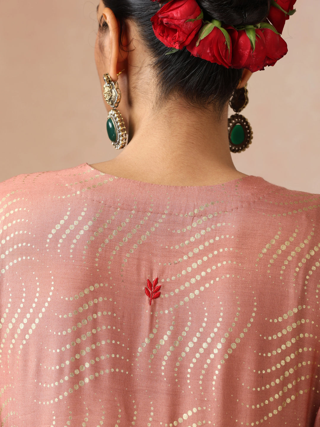 Peach Gold Foil Print Muslin Silk Anarkali High-Slit Kurta Set | SHOBITAM