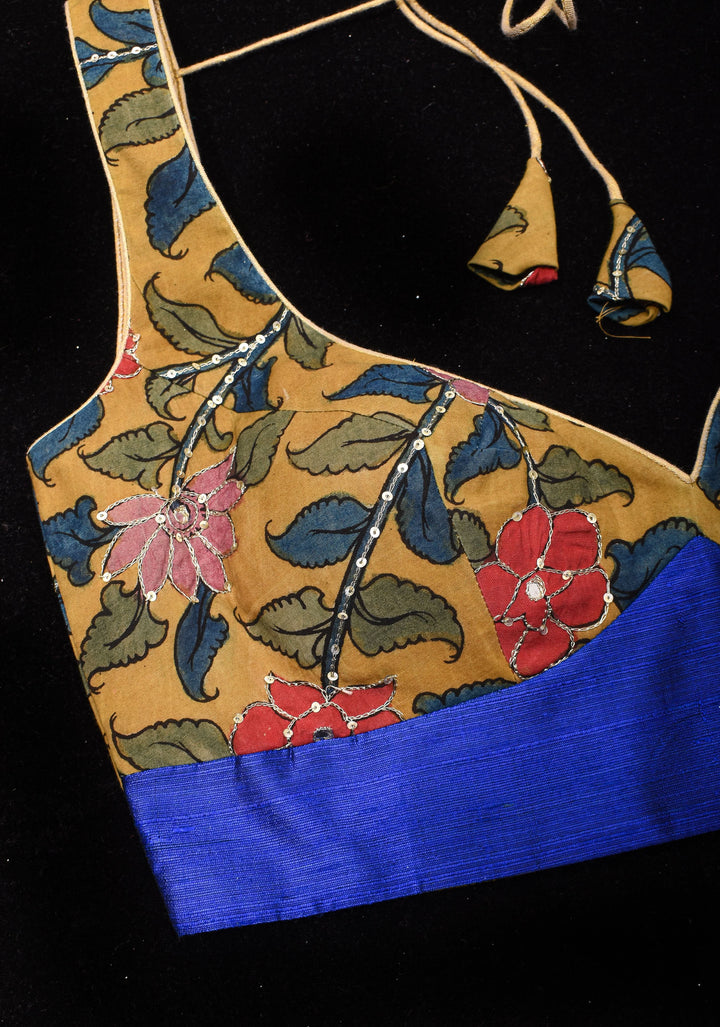 Pen Kalamkari Plunge Neck Blouse in Yellow with light sequin work and blue raw silk contrast, Made to Order