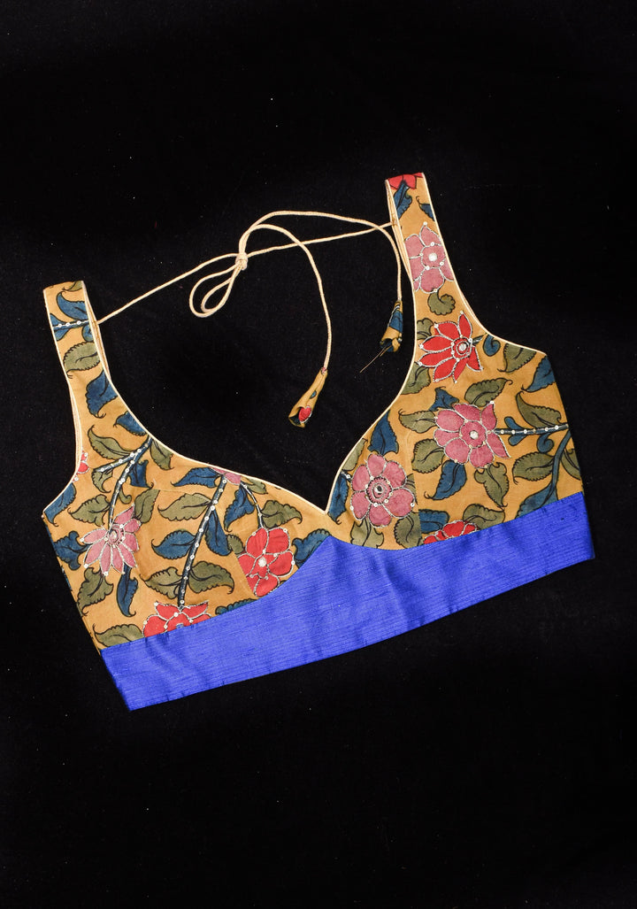Pen Kalamkari Plunge Neck Blouse in Yellow with light sequin work and blue raw silk contrast, Made to Order