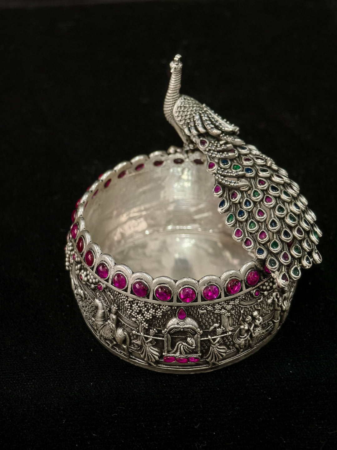 Pure 92.5 Silver 3D Small Bowl with Wedding Procession carving and Peacock detailing