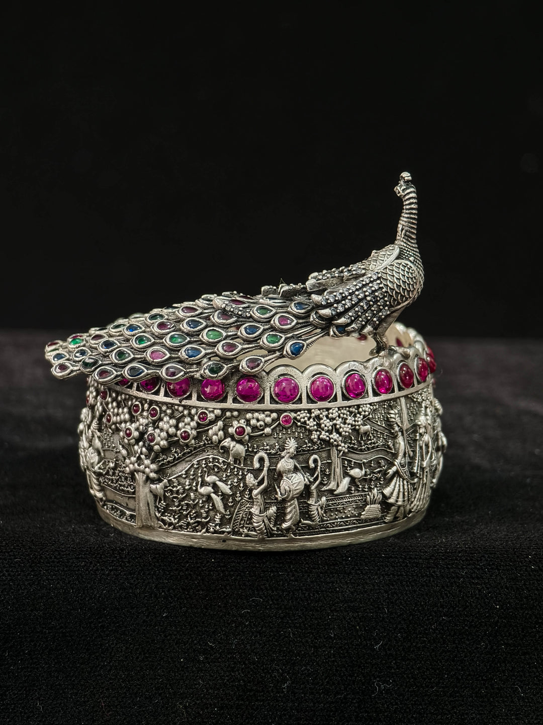 Pure 92.5 Silver 3D Small Bowl with Wedding Procession carving and Peacock detailing