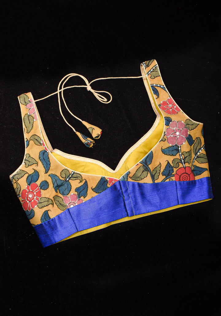 Pen Kalamkari Plunge Neck Blouse in Yellow with light sequin work and blue raw silk contrast, Made to Order