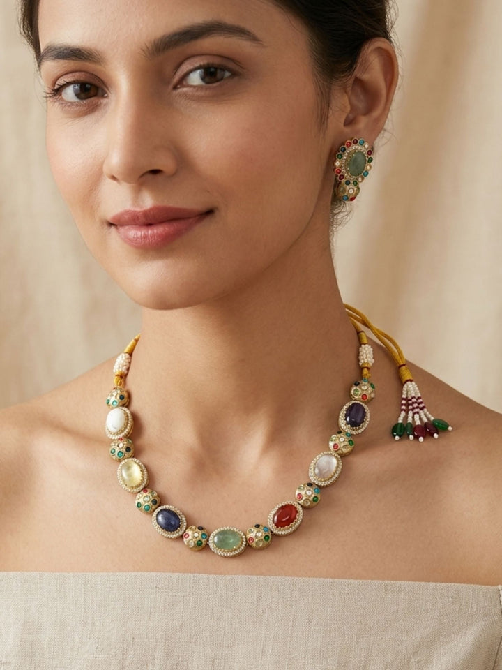 Navratna Kundan Necklace Set with Earrings | Shobitam
