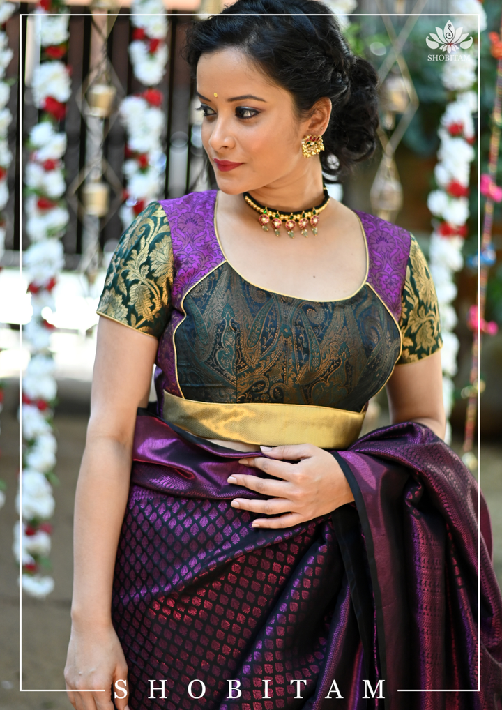 Purple and Black Banarasi Brocade Blouse with Tie back design | SHOBITAM