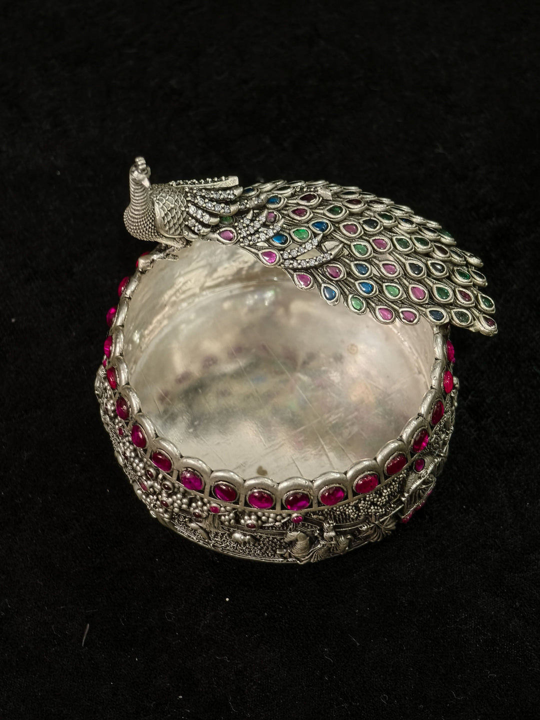 Pure 92.5 Silver 3D Small Bowl with Wedding Procession carving and Peacock detailing