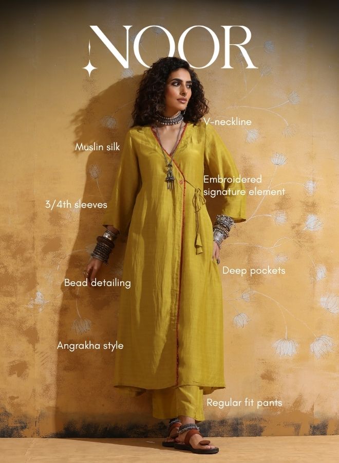 Lime Muslin Silk Angrakha Kurta Pant Set  | SHOBITAM