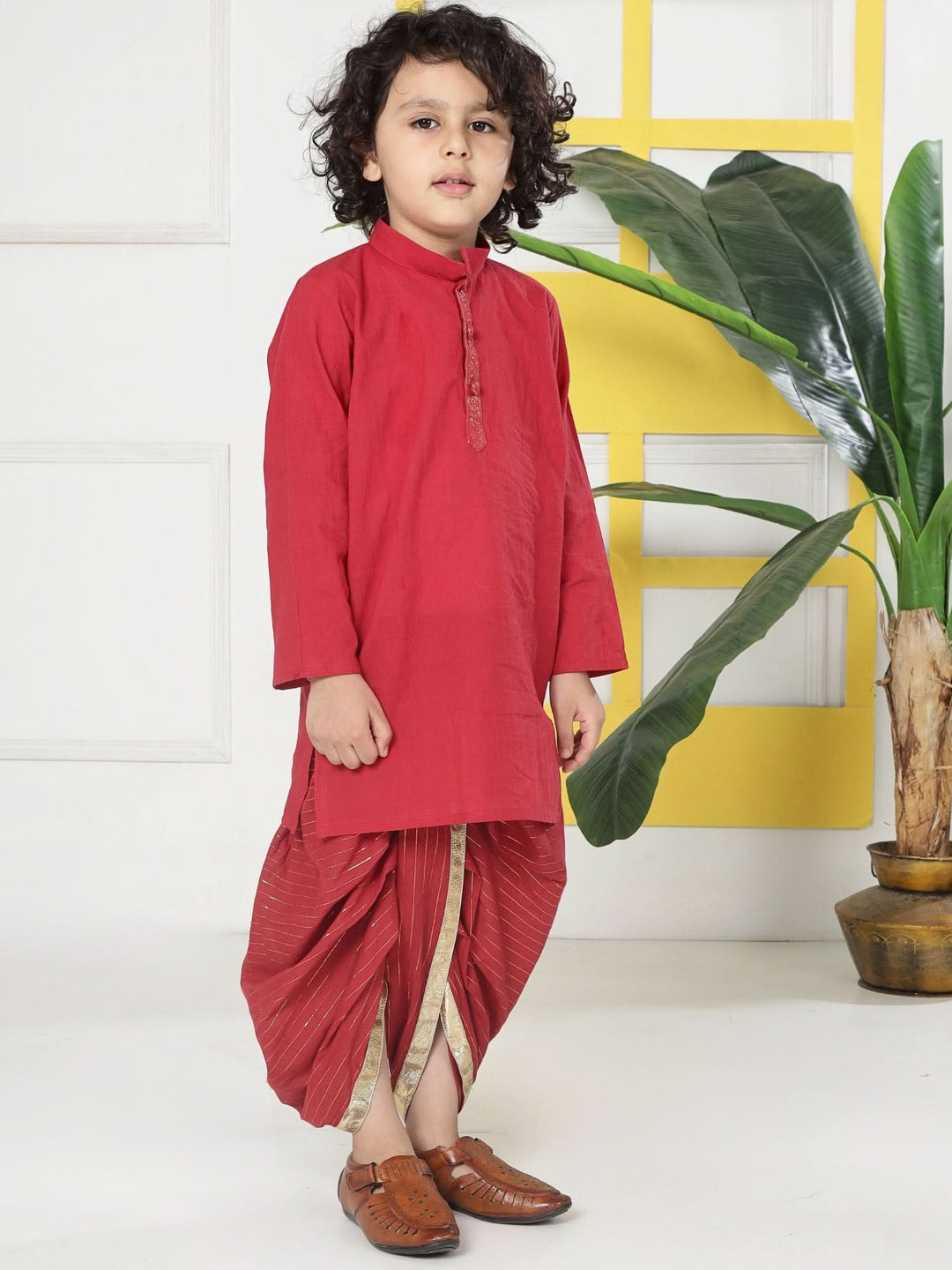 Red Minimal Zari Embroidery Cotton Kurta Dhoti set | SHOBITAM