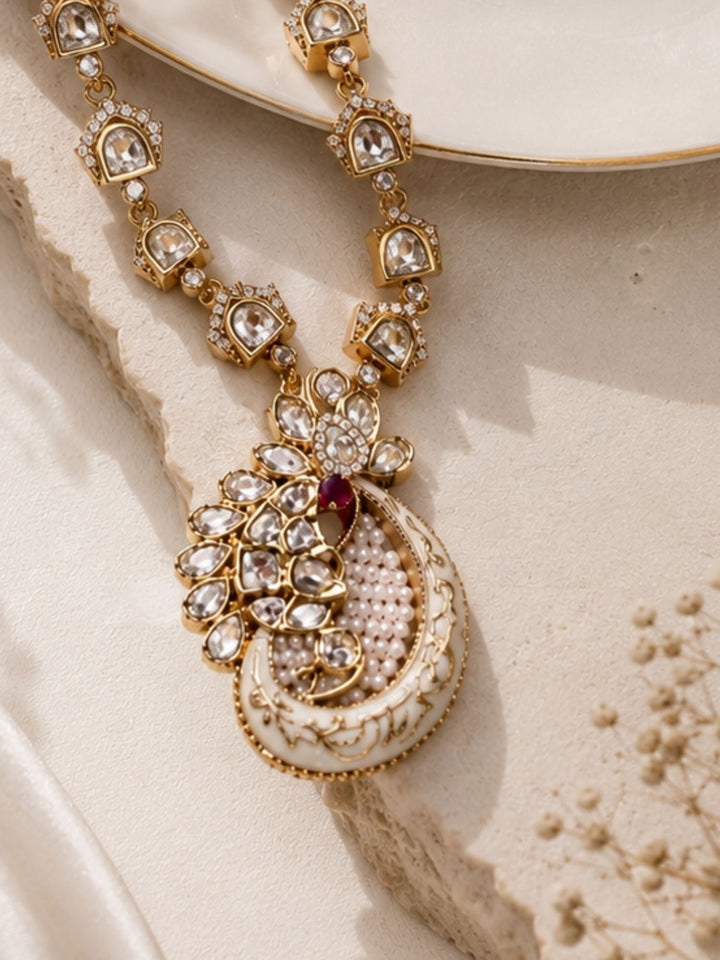 White Kundan Pendant Necklace Set in Gold Plating | SHOBITAM