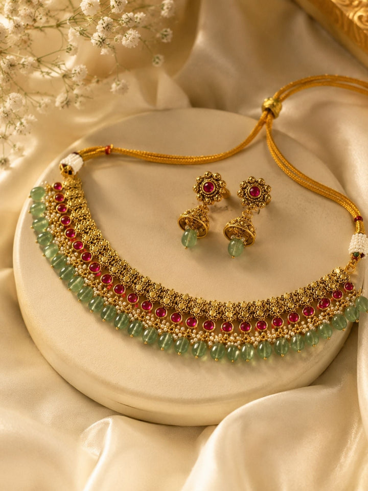 Temple Choker Necklace Set in Gold Plating – Bridal | SHOBITAM