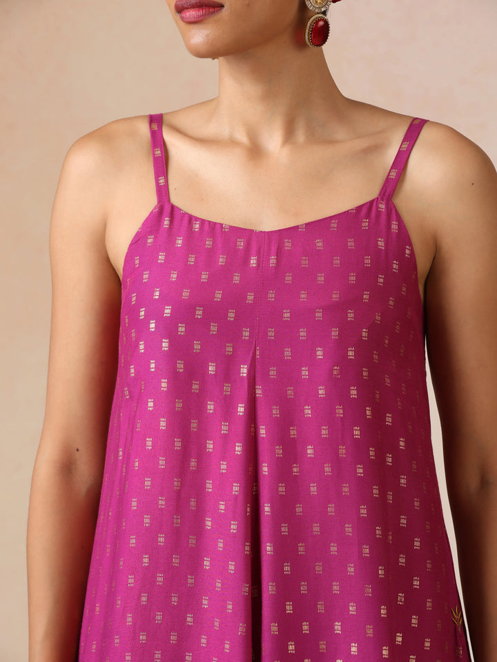 Pink Gold Foil Print Muslin Silk Flared Kurta Set| SHOBITAM