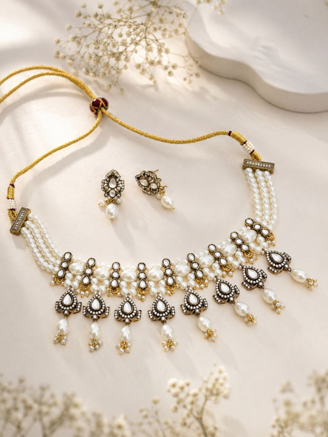 Pearl Kundan Choker Set in Antique Oxidised Gold – Bridal | SHOBITAM