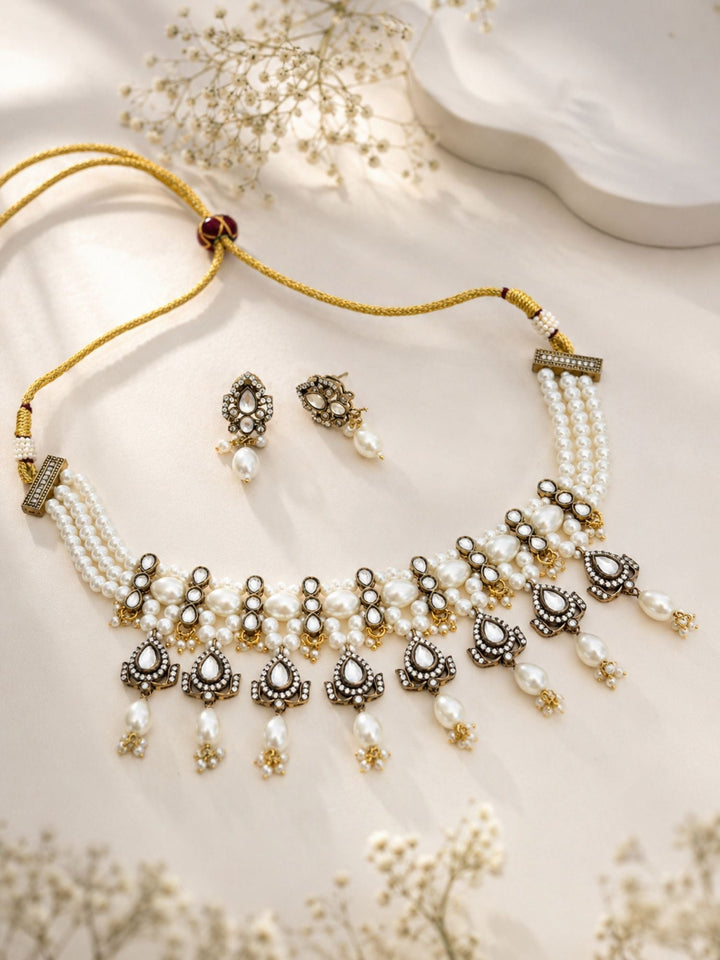 Pearl Kundan Choker Set in Antique Oxidised Gold – Bridal | SHOBITAM