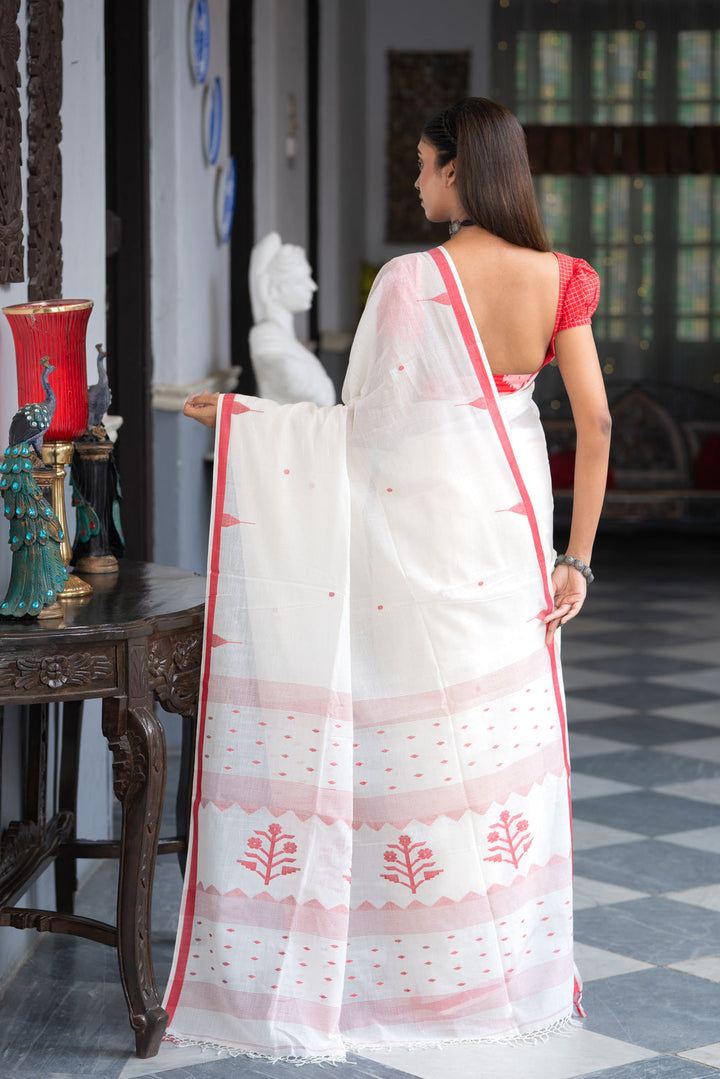 Handloom White Pure Cotton Laal Paar Jamdani Saree with Red Border | SHOBITAM