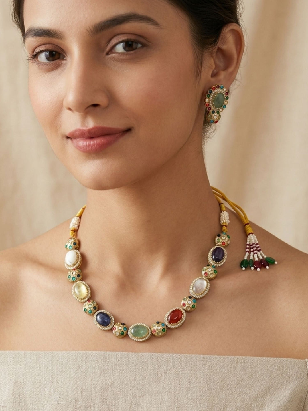 Navratna Kundan Necklace Set with Earrings | SHOBITAM