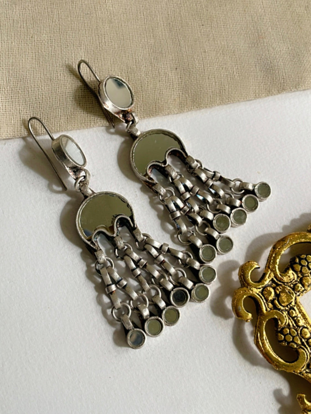 Kashi Danglers in Brass and Glass with Antique Silver Polish | SHOBITAM
