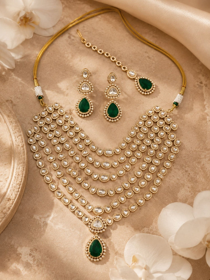Emerald Green Kundan Layered Necklace Set | SHOBITAM