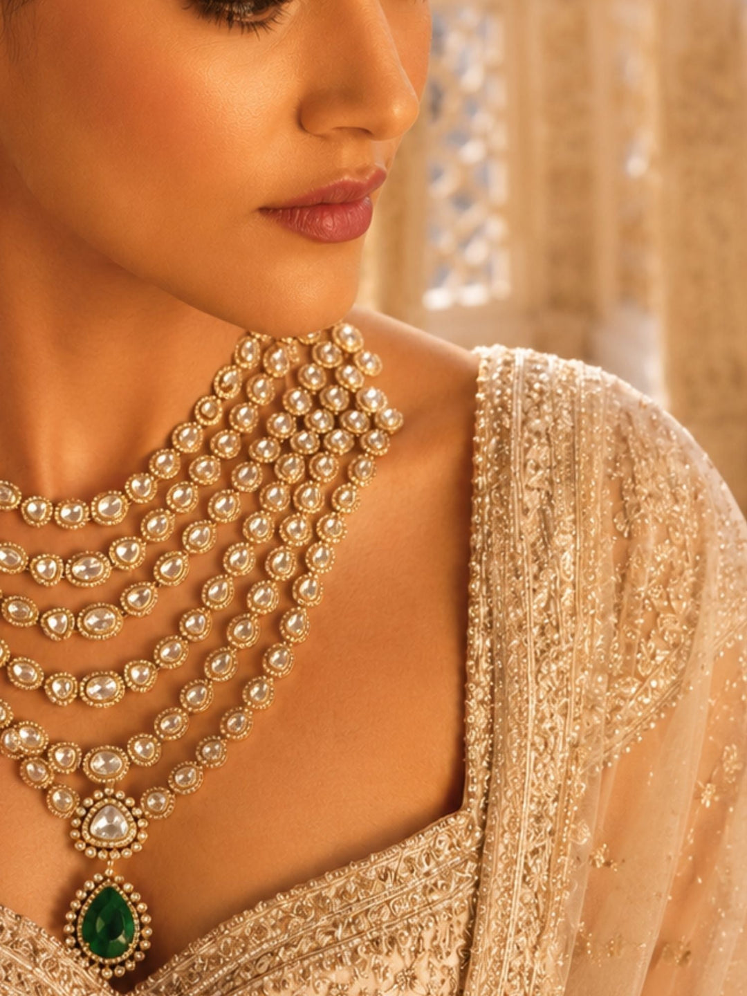Emerald Green Kundan Layered Necklace Set | SHOBITAM