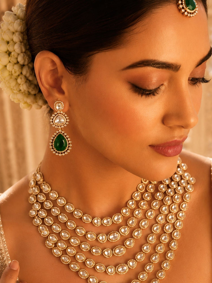 Emerald Green Kundan Layered Necklace Set | SHOBITAM