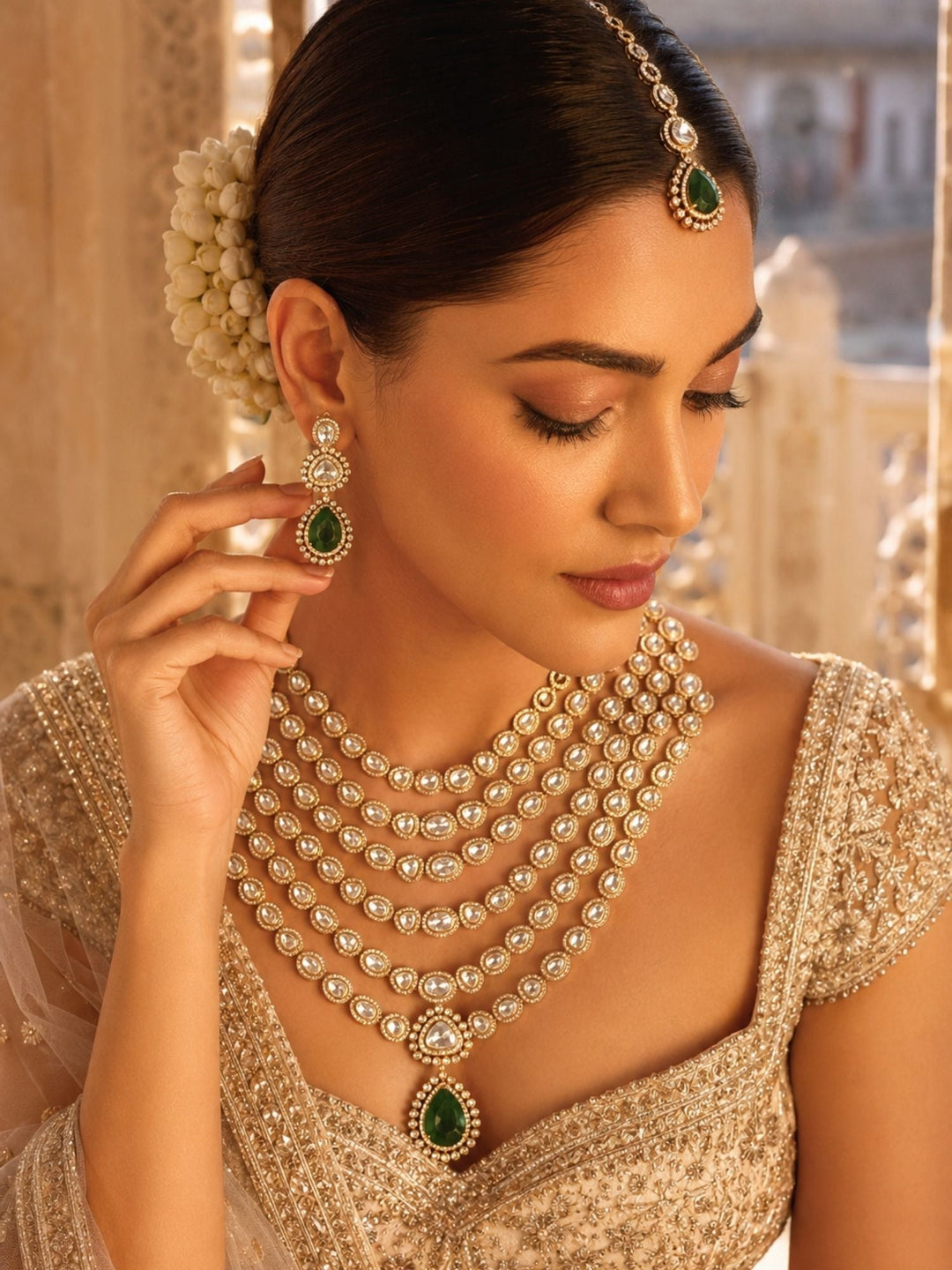 Emerald Green Kundan Layered Necklace Set | SHOBITAM