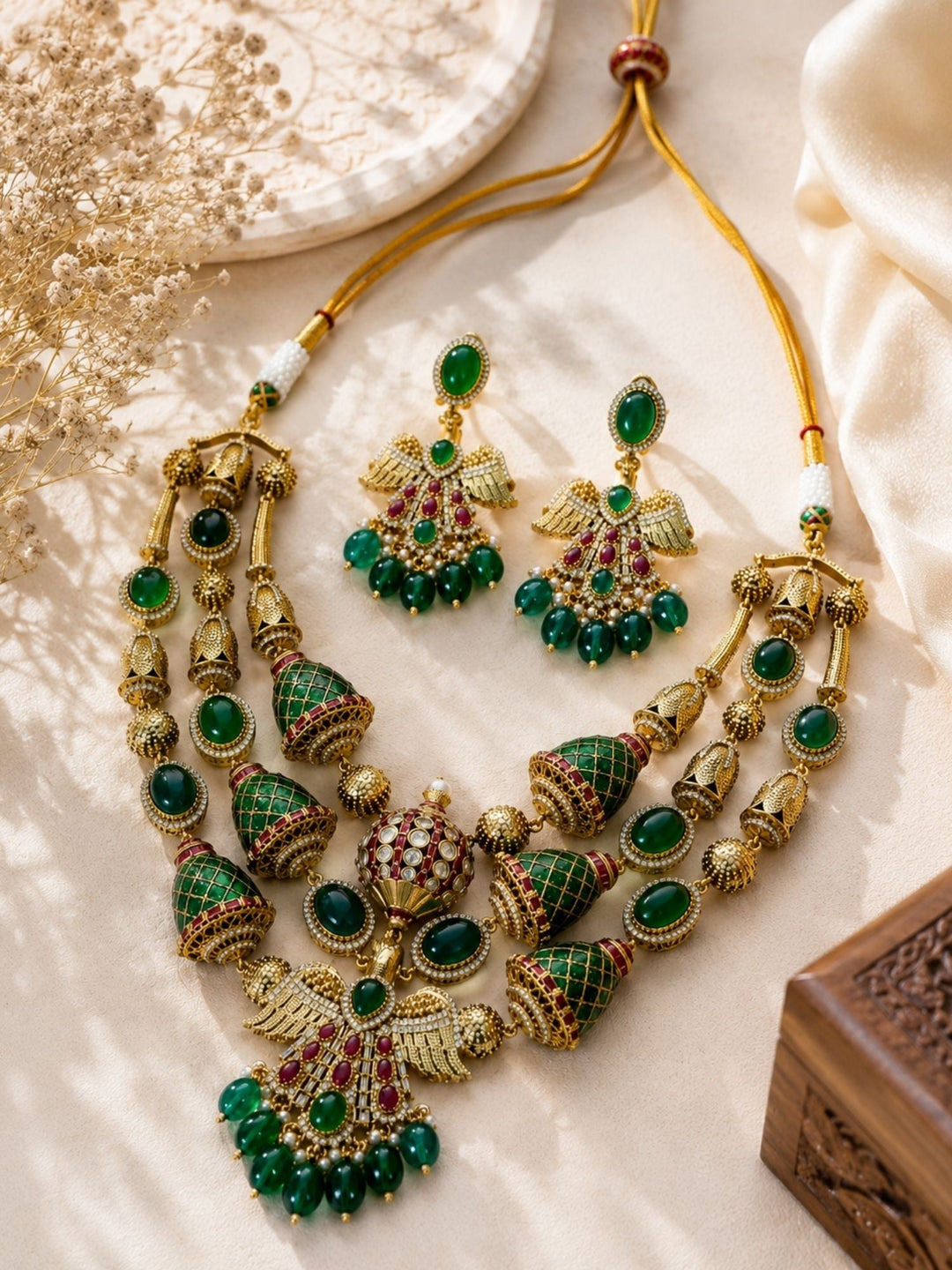 Green Stone Temple Necklace Set | SHOBITAM