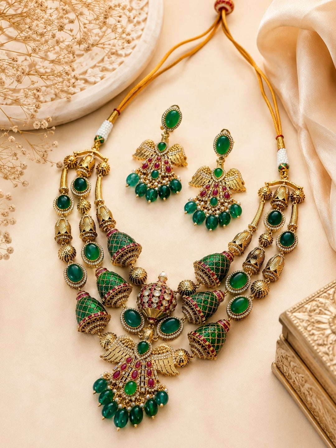 Green Stone Temple Necklace Set | SHOBITAM