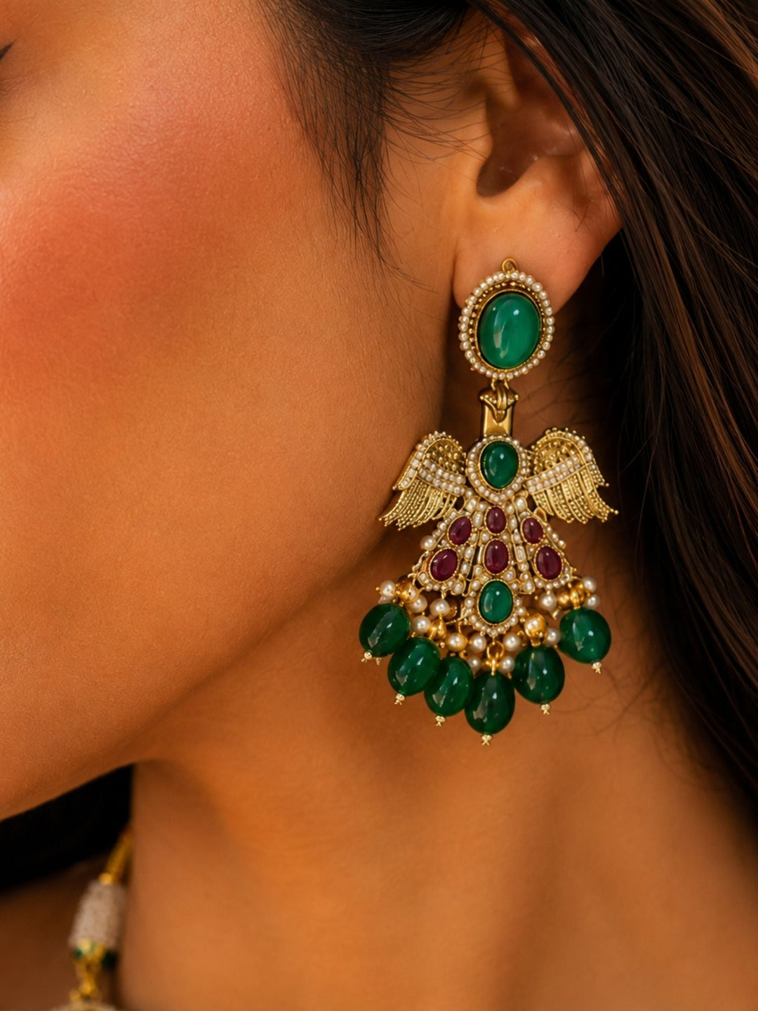 Green Stone Temple Necklace Set | SHOBITAM