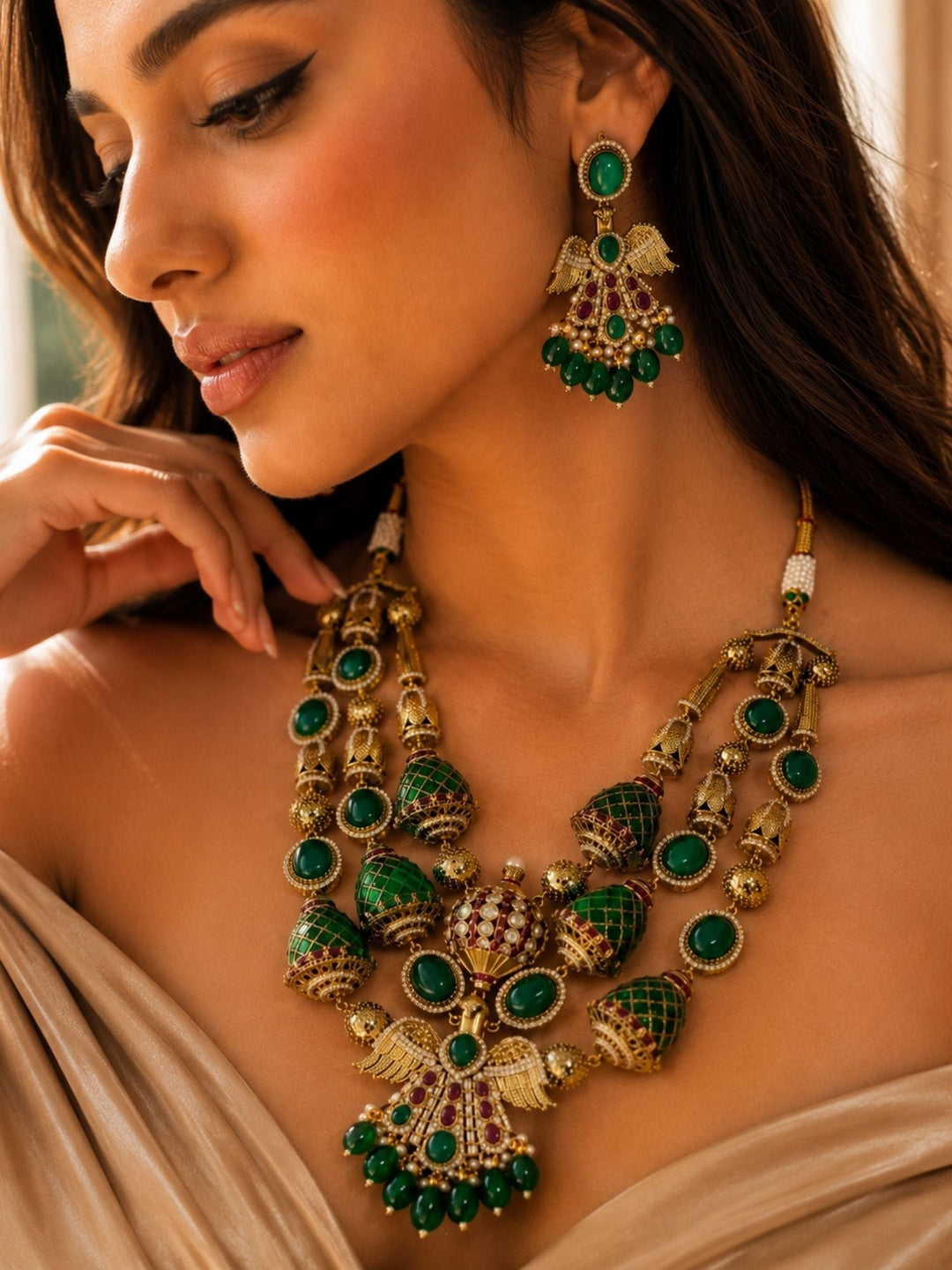 Green Stone Temple Necklace Set | SHOBITAM