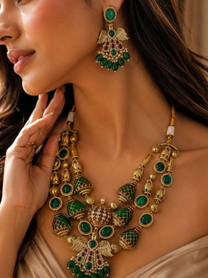 Green Stone Temple Necklace Set | SHOBITAM