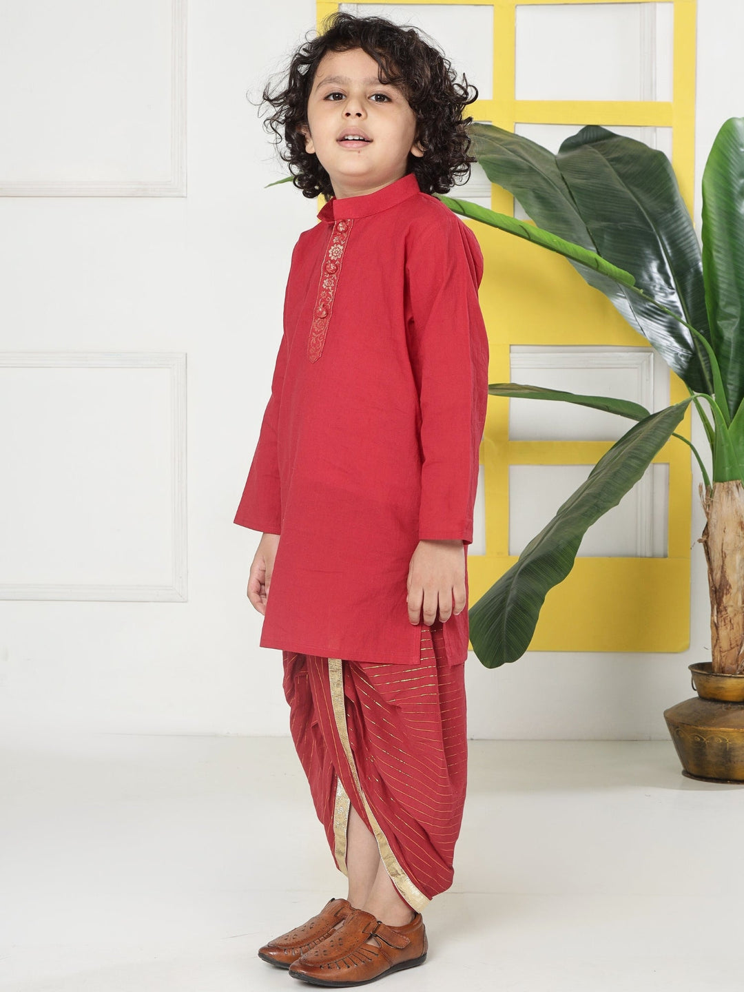 Red Minimal Zari Embroidery Cotton Kurta Dhoti set | SHOBITAM