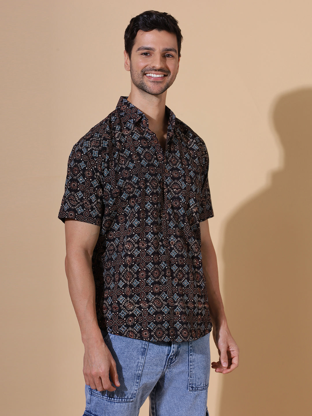 Sindhu Ajrakh Half Sleeve Artisan Print Shirt in Black for Men