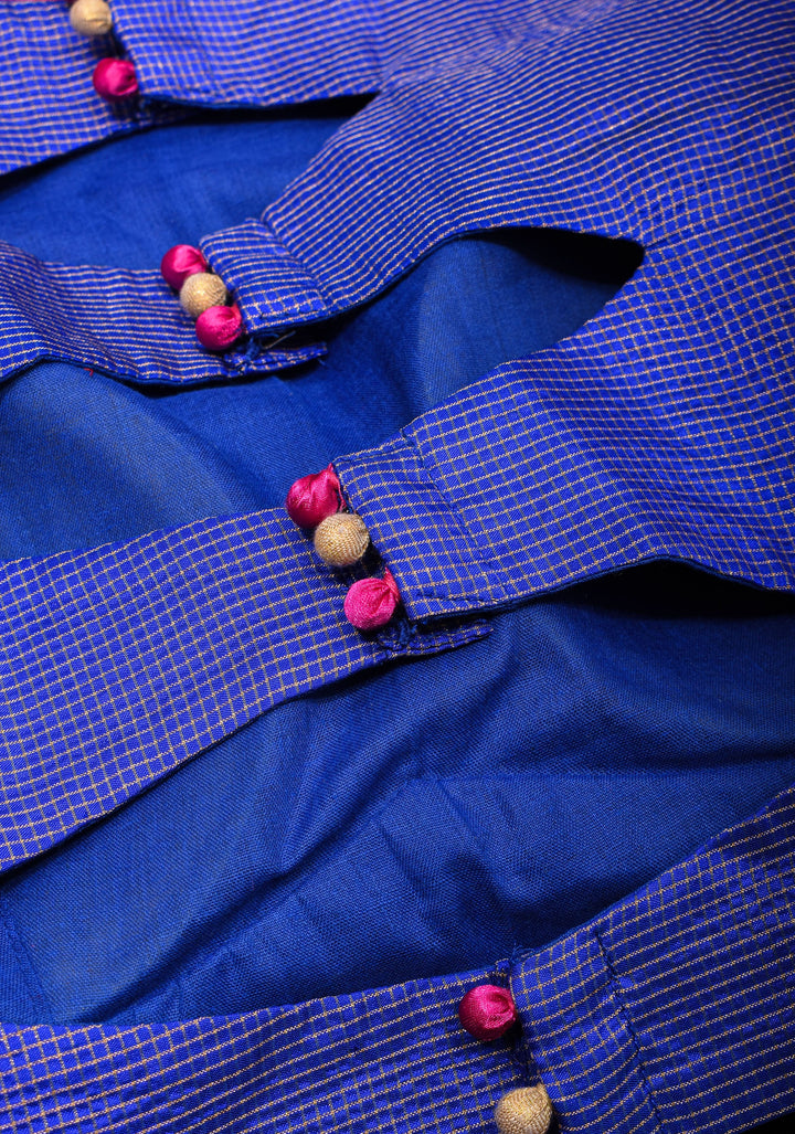 Blue Pure Kanjivaram Silk with Zari checks Blouse with crew neck and stylish  back cutout design,  Made to Order
