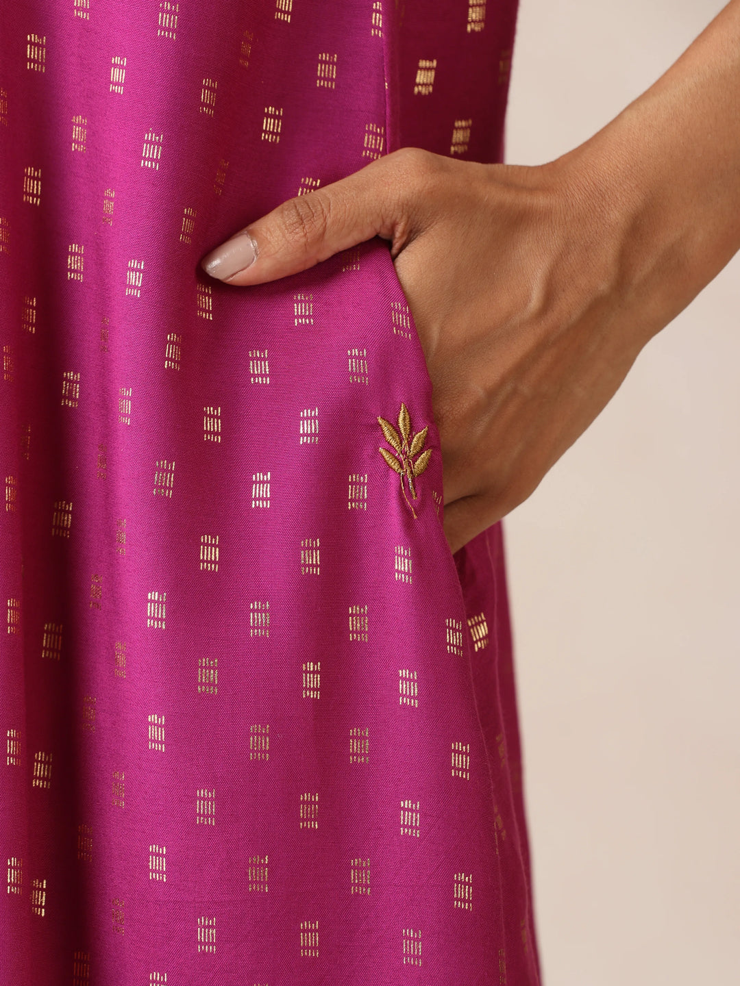 Pink Gold Foil Print Muslin Silk Flared Kurta Set| SHOBITAM