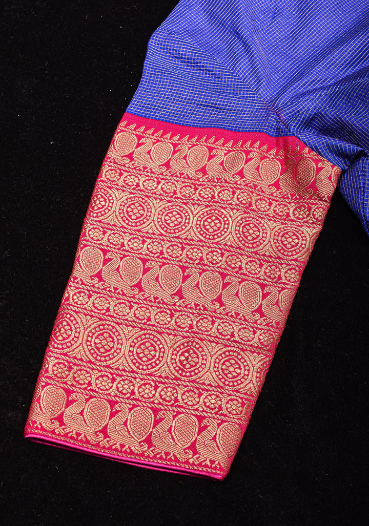 Blue Pure Kanjivaram Silk with Zari checks Blouse with crew neck and stylish  back cutout design,  Made to Order