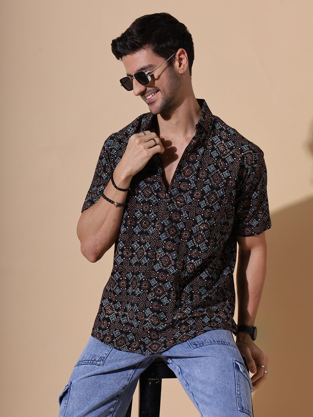 Sindhu Ajrakh Half Sleeve Artisan Print Shirt in Black for Men