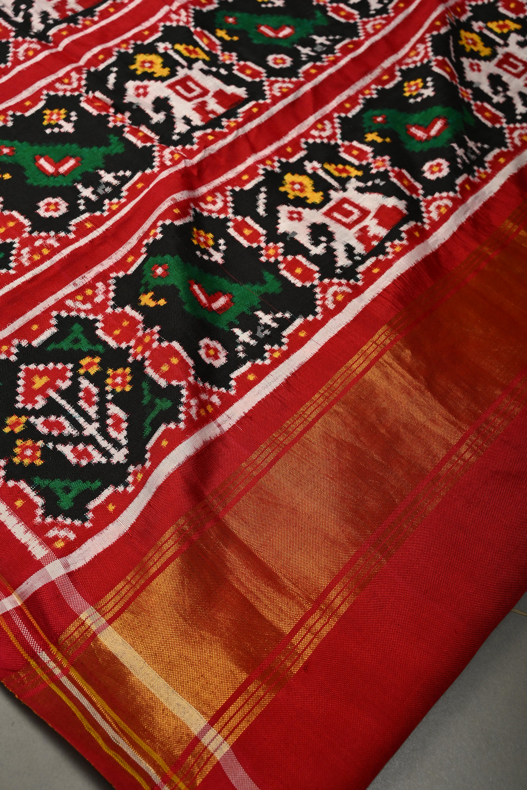 Ivory Jugalbandi Authentic Patan Patola Double Ikkat Pure Silk Saree With Parsi Gara Hand Embroidery Floral Jaal and Contrst Black Pallu on Both Side | SILK MARK CERTIFIED | SHOBITAM
